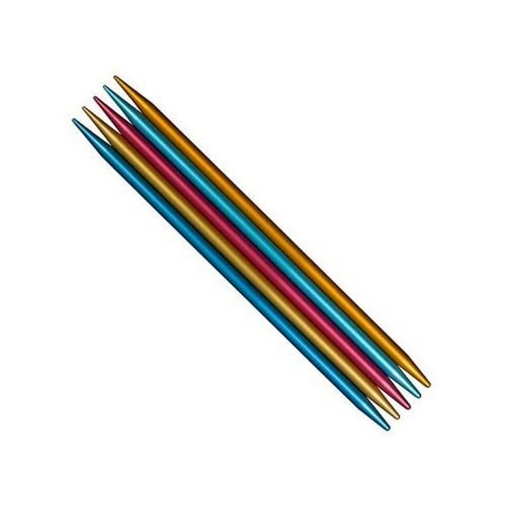 Five colorful double pointed knitting needles.