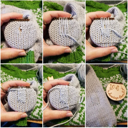 Series of photos showing the process of repairing a handknit sock using Katrinkles Darning Loom.