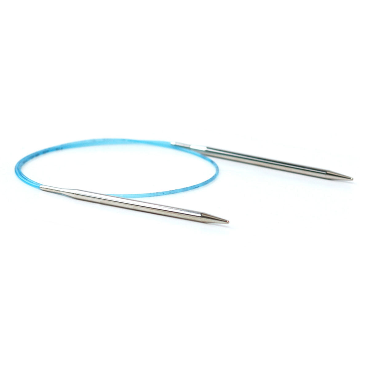 Silver Addi Turbo circular knitting needles connected by a blue cord.