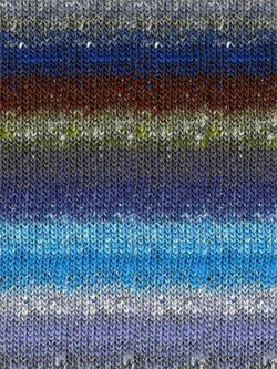 A swatch of striped fabric in blues, gray, brown, and green.