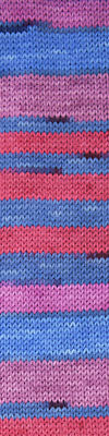 Knit swatch with pink, purple, and blue stripes.