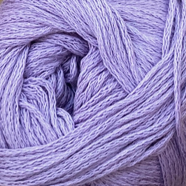 Close up on a lavender ball of M&K Eco Bomull yarn.