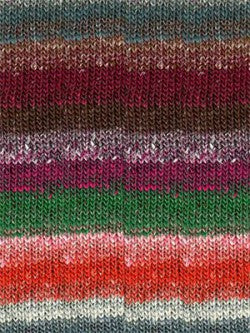 A swatch of striped fabric in browns, reds, pinks, and green.