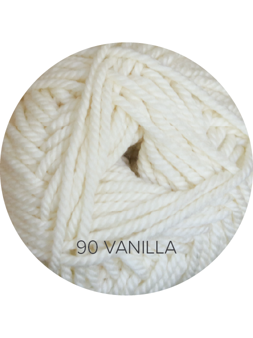 Close up on a cream ball of Ewe Ewe Baa Baa Bulky yarn.