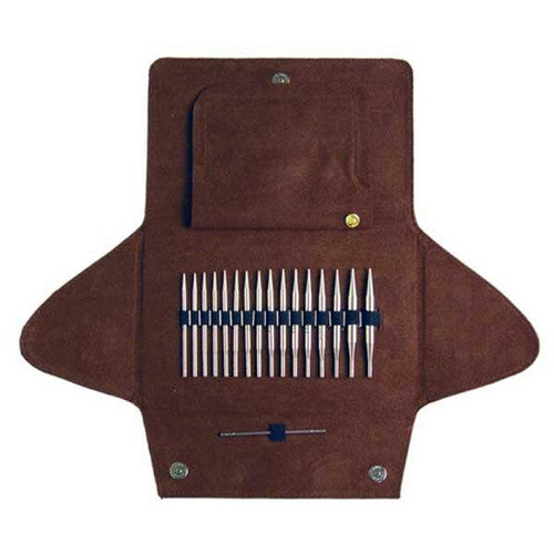 Set of Addi Click interchangeable needles in a brown case.