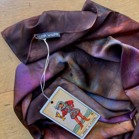 Alchemy silk charmeuse wrap, hand dyed by Gina Wilde in Rainbow Warrior, shades of dark brown, maroon, rust, denim