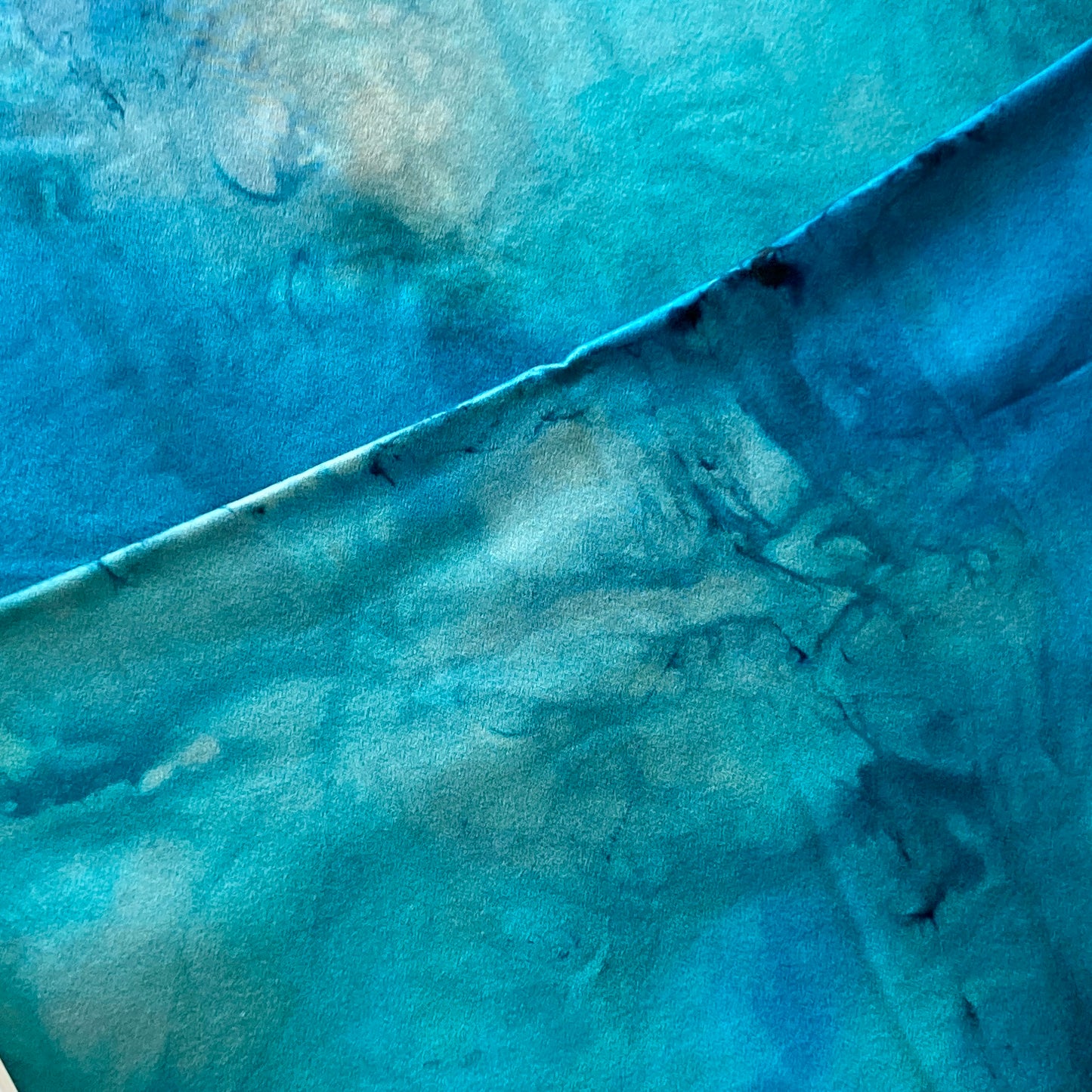 Alchemy silk charmeuse wrap, hand dyed by Gina Wilde in Dude ranch, shades of Aqua, cobalt, navy