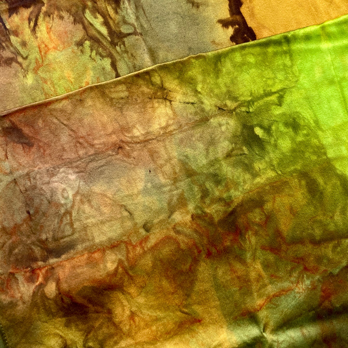 Alchemy silk charmeuse wrap, hand dyed by Gina Wilde in El Dorado, shades of bronze, olive, chartreuse, orange