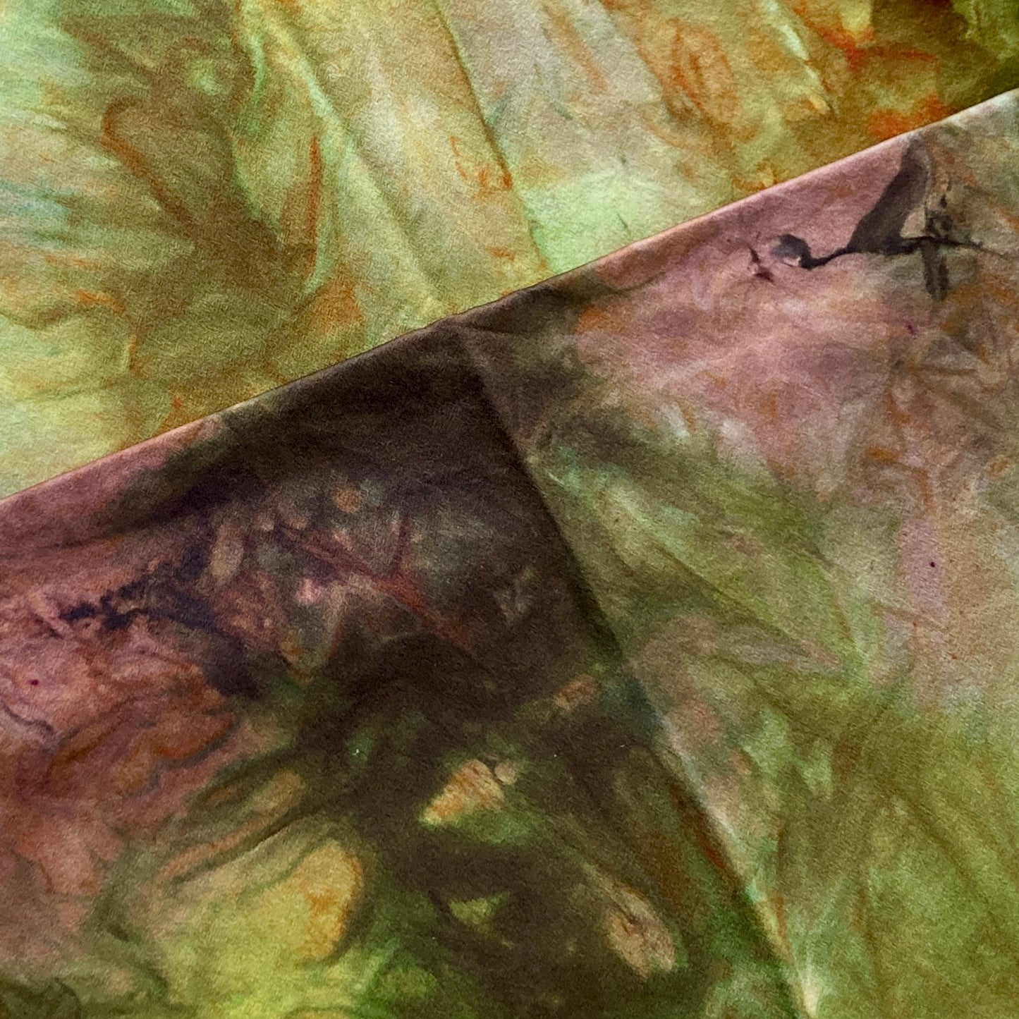 Alchemy silk charmeuse wrap, hand dyed by Gina Wilde in Forest waltz, shades of rust, moss, lime