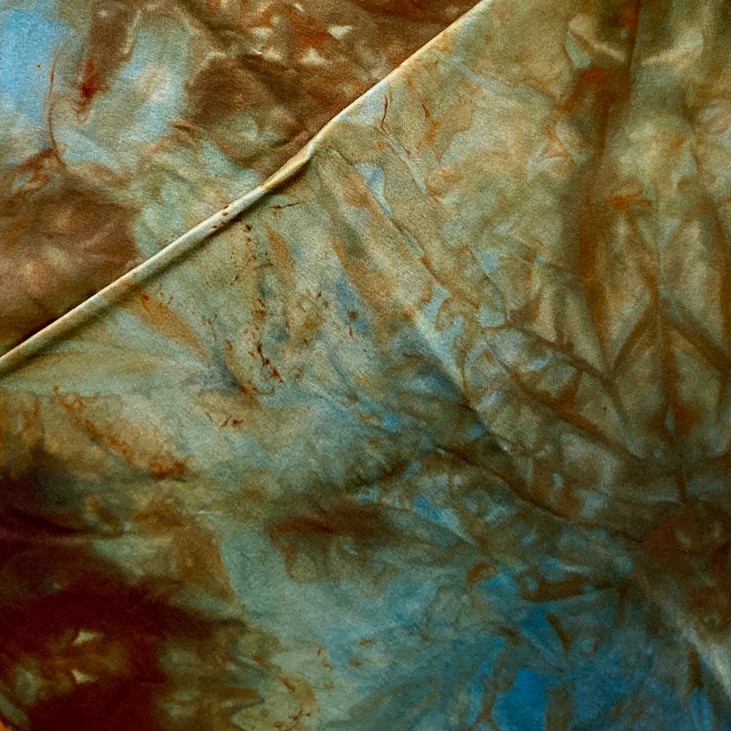 Alchemy silk charmeuse wrap, hand dyed by Gina Wilde in Highway 1, shades of rust, teal, Sage
