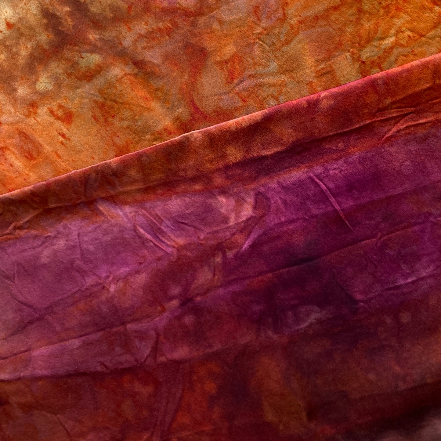 Alchemy silk charmeuse wrap, hand dyed by Gina Wilde in Indian paintbrush, shades of burgundy, rust, fuschia