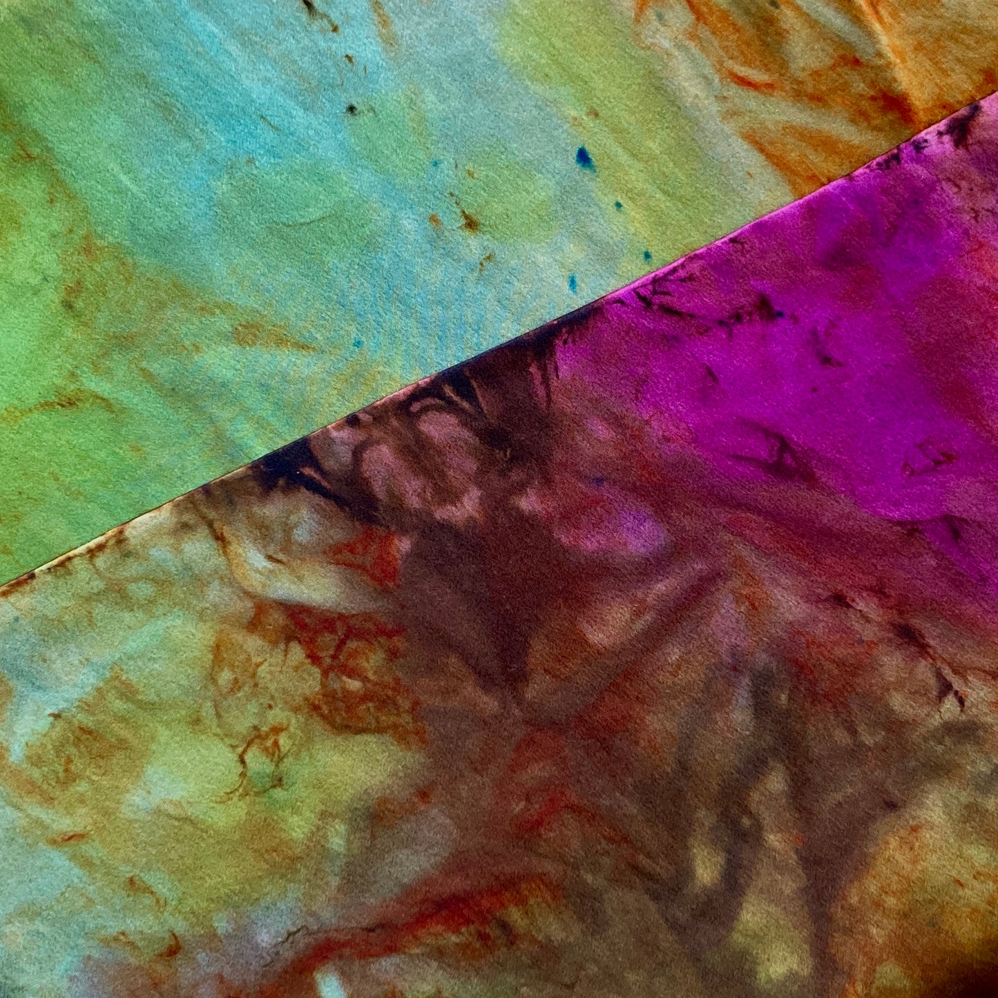Alchemy silk charmeuse wrap, hand dyed by Gina Wilde in Jasper, shades of fuschia, lime, orange, aqua, rust