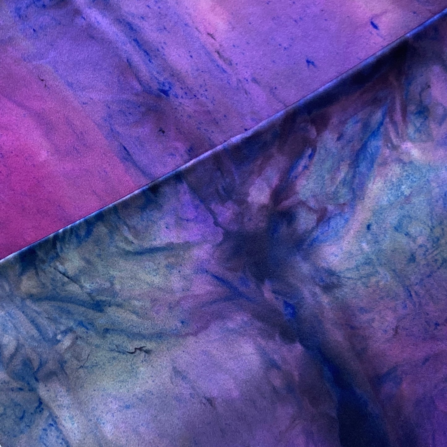 Alchemy silk charmeuse wrap, hand dyed by Gina Wilde in Orleans, shades of purple, fuschia, royal blue