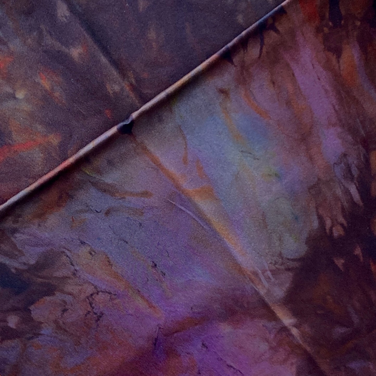 Alchemy silk charmeuse wrap, hand dyed by Gina Wilde in Rainbow Warrior, shades of dark brown, maroon, rust, denim
