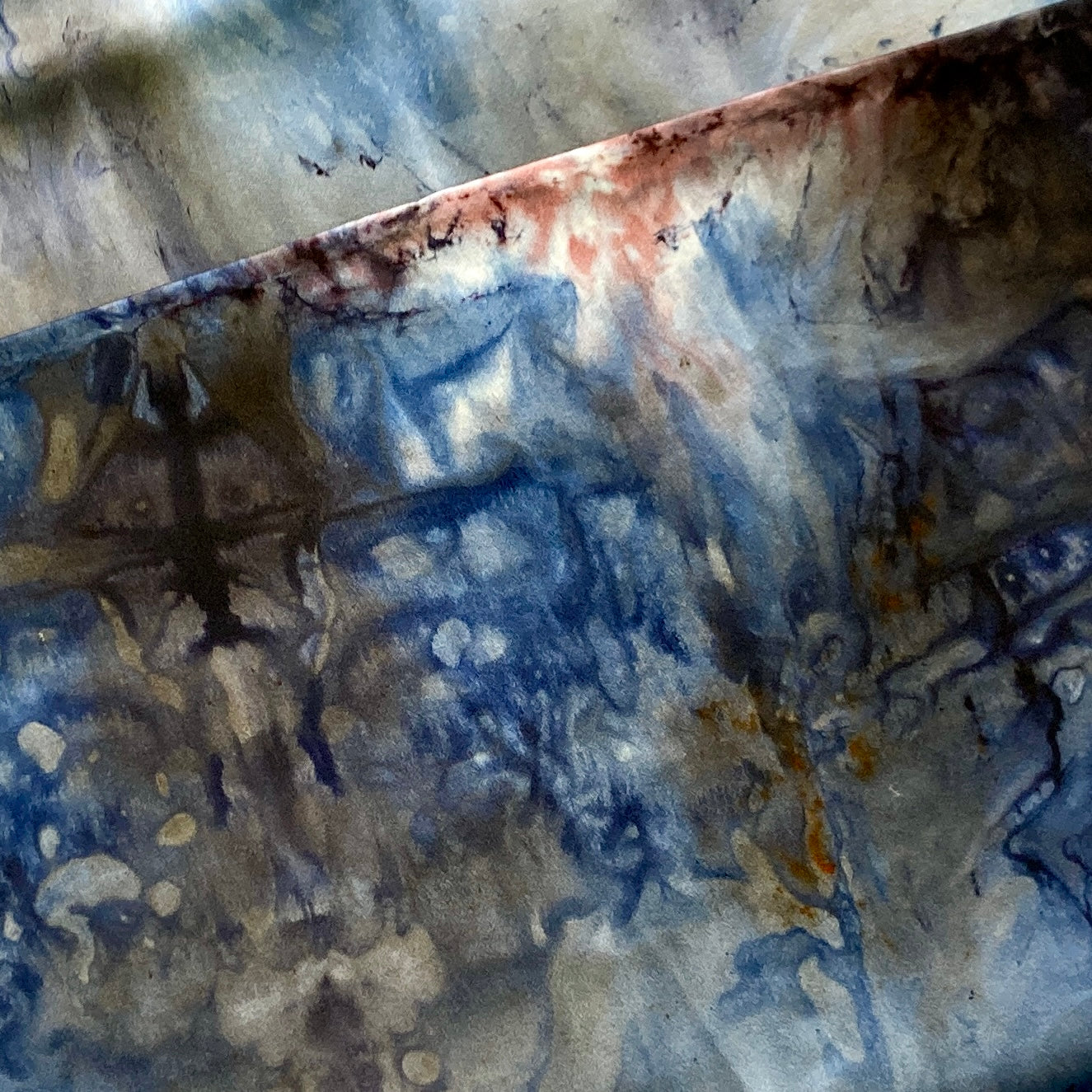 Alchemy silk charmeuse wrap, hand dyed by Gina Wilde in San Francisco sky, shades of Indigo, navy, stonewashed denim, brown