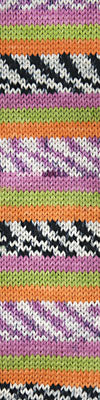 Knit swatch with orange, pink, green, black and white stripes.
