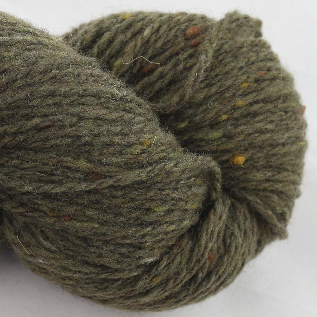 Close up on an olive green skein of BC Garn Loch Lomond yarn color 17.