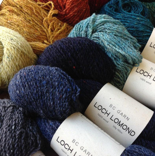Colorful skeins of BC Garn Loch Lomond yarn for sale at Hillsborough Yarn Shop, NC, USA.