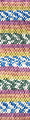 Knit swatch with pink, yellow, orange, blue and white stripes.