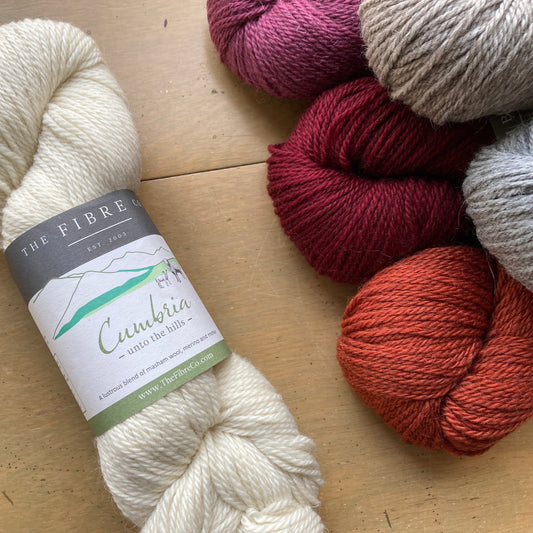 Colorful skeins of Fibre Co. Cumbria yarn on a wooden surface.