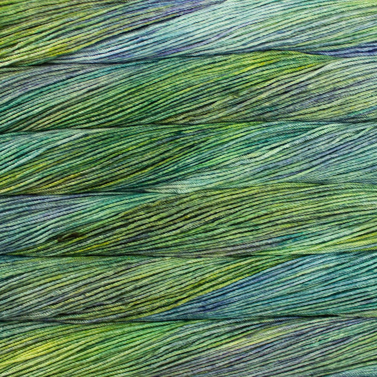 Skein of variegated green and blue Malabrigo Caprino yarn.