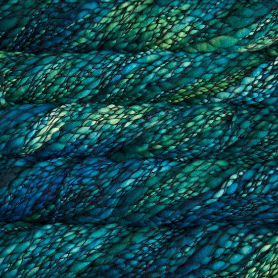 Skein of variegated green and teal Malabrigo Caracol yarn.