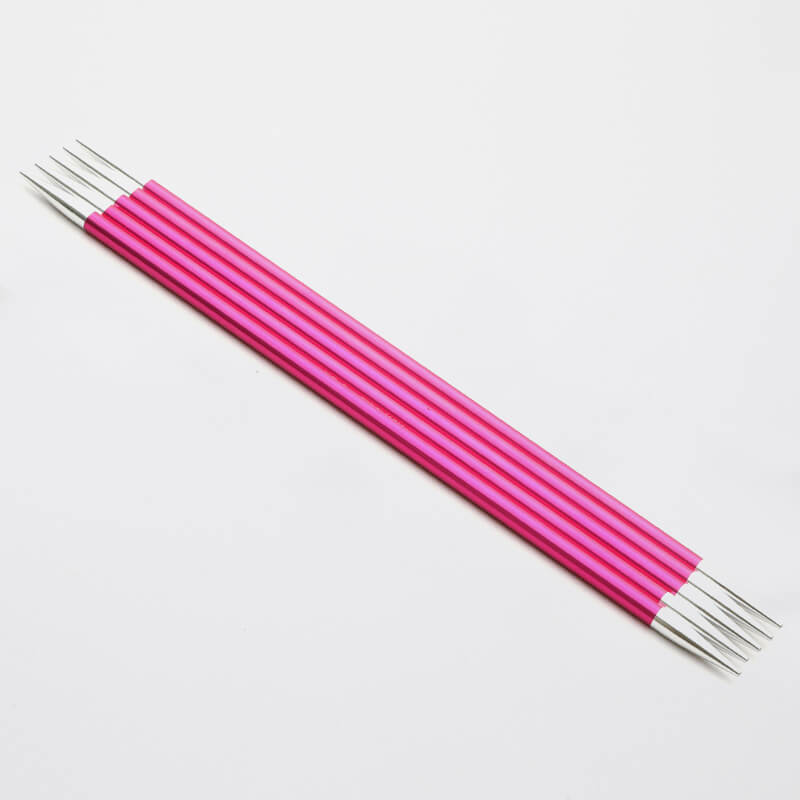 Set of 5 pink Zing double pointed neeedles with silver tips.