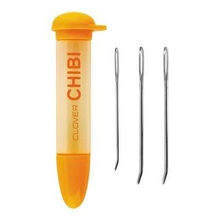 Set of 3 bent tip tapestry needles and a plastic container to hold them.