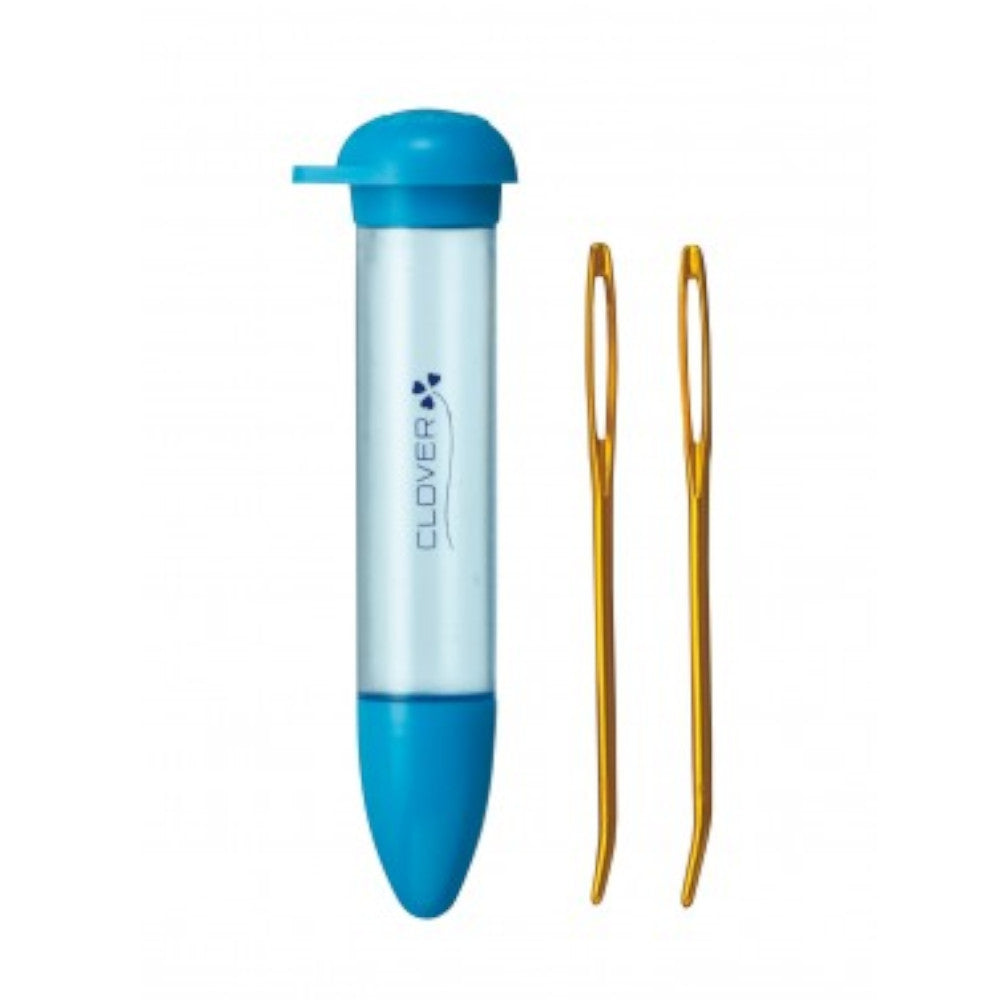 Set of 2 bent tip tapestry needles and a plastic container to hold them.