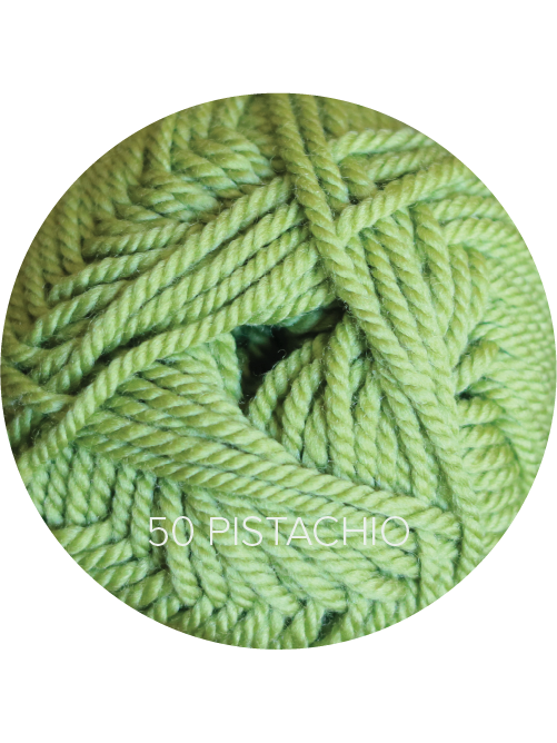 Close up on a grass green ball of Ewe Ewe Baa Baa Bulky yarn.