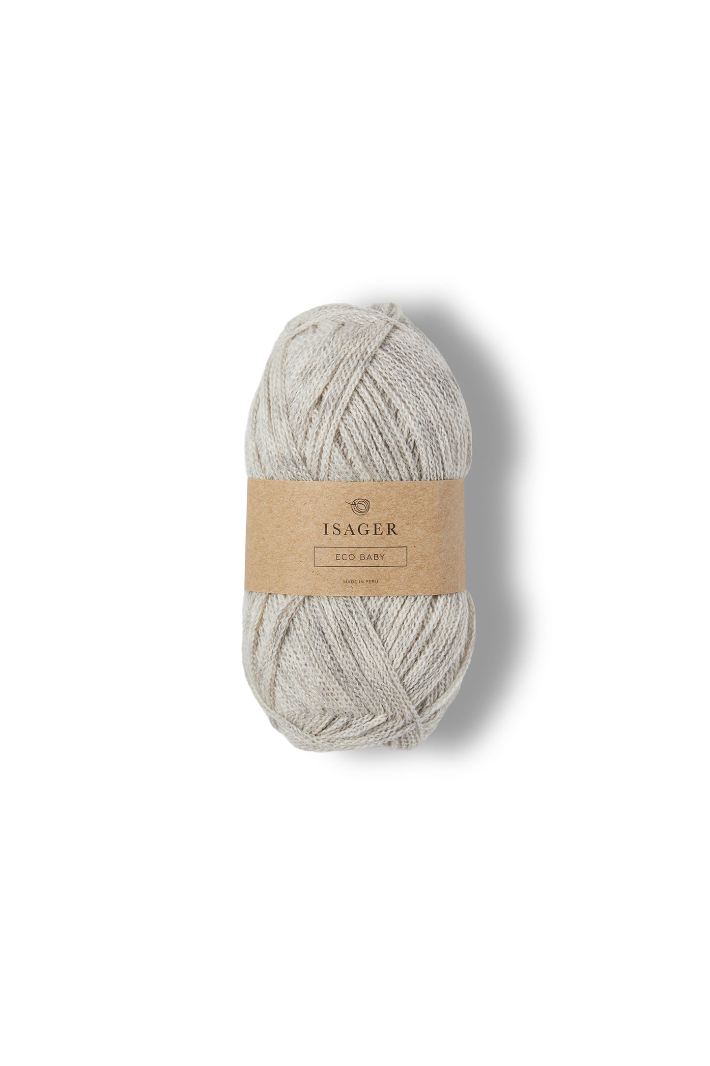 Light gray ball of Isager Eco Baby yarn.