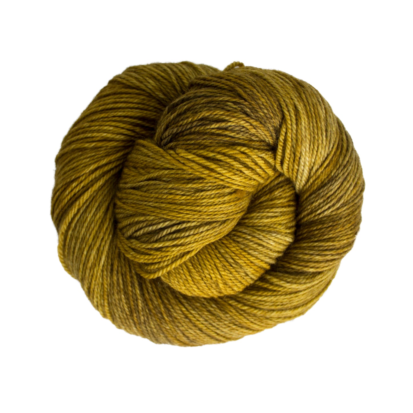 Skein of variegated mustard yellow Malabrigo Finito yarn.