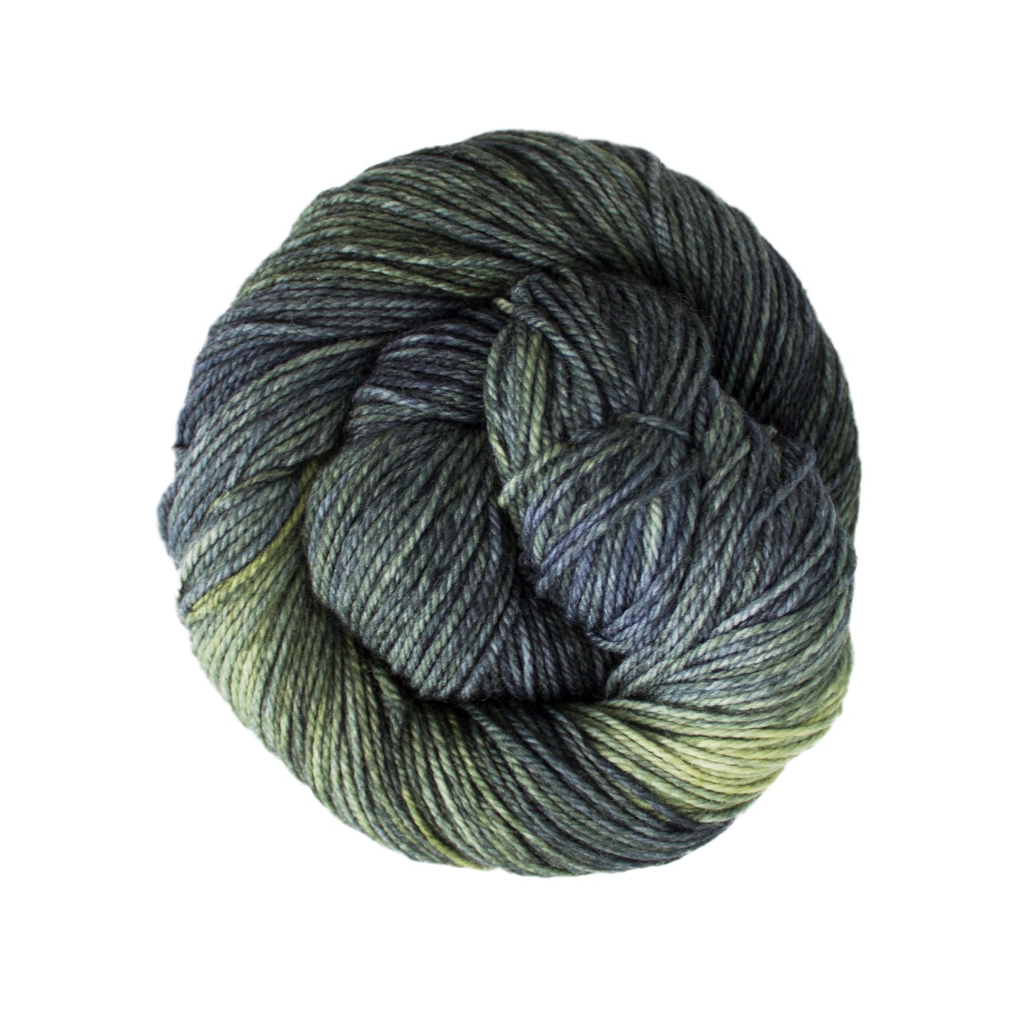 Skein of variegated green Malabrigo Finito yarn.