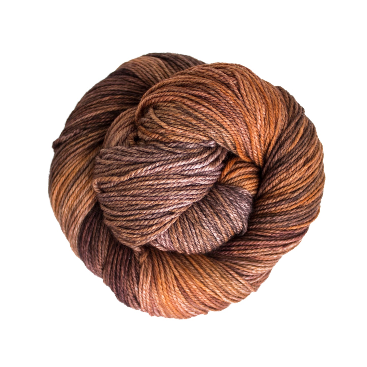 Skein of variegated brown and orange Malabrigo Finito yarn.