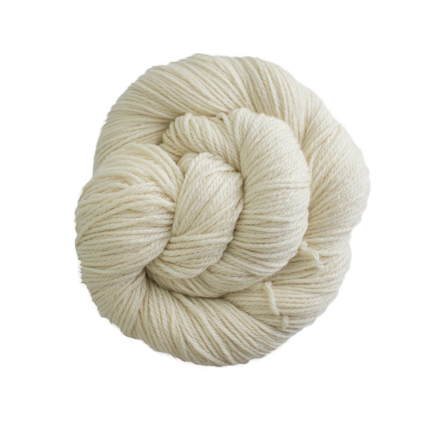 Skein of natural white Malabrigo Finito yarn.