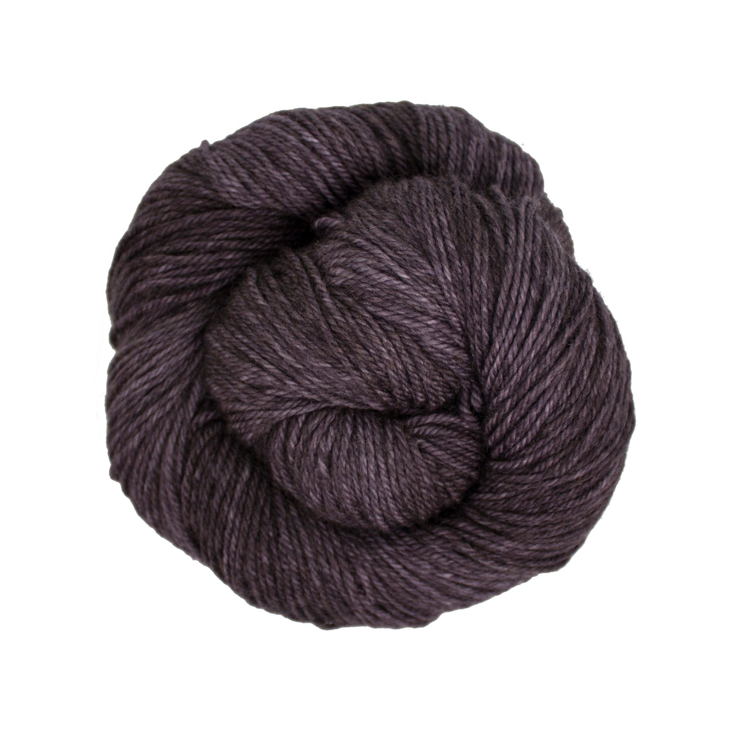 Skein of variegated dark gray Malabrigo Finito yarn.