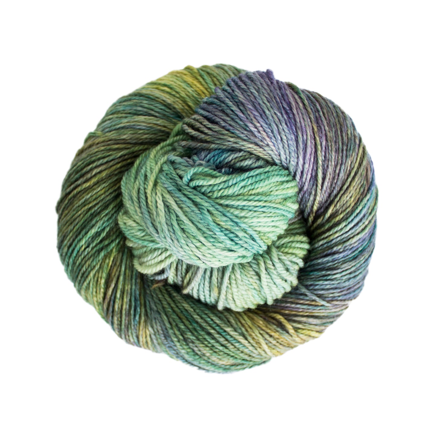 Skein of variegated green and purple Malabrigo Finito yarn.
