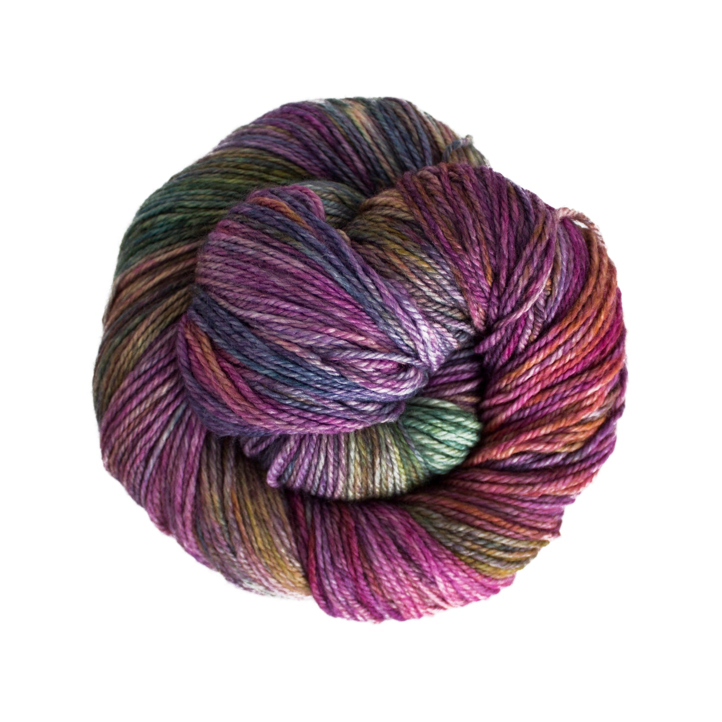 Skein of variegated red, green and purple Malabrigo Finito yarn.
