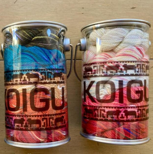 Two clear plastic containers filled with colorful hand dyed yarn.