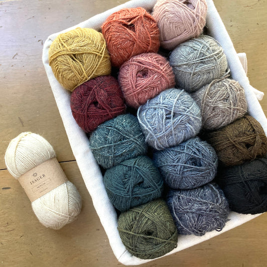 Basket full of Isager Merilin yarn on display at Hillsborough Yarn Shop