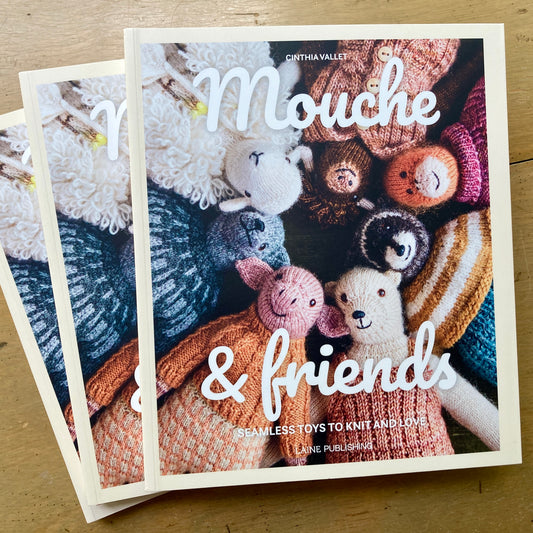 Copies of Cinthia Vallet’s Mouche & Friends book stacked on a wooden surface.