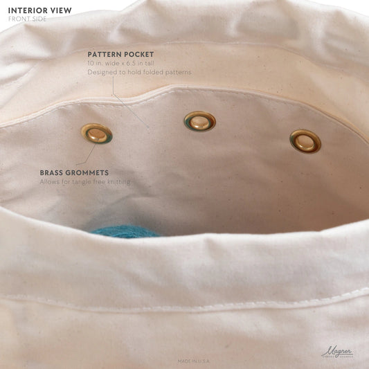 Interior front view of Magner Co Knitty Gritty knitting project bag in Original size, Natural colorway