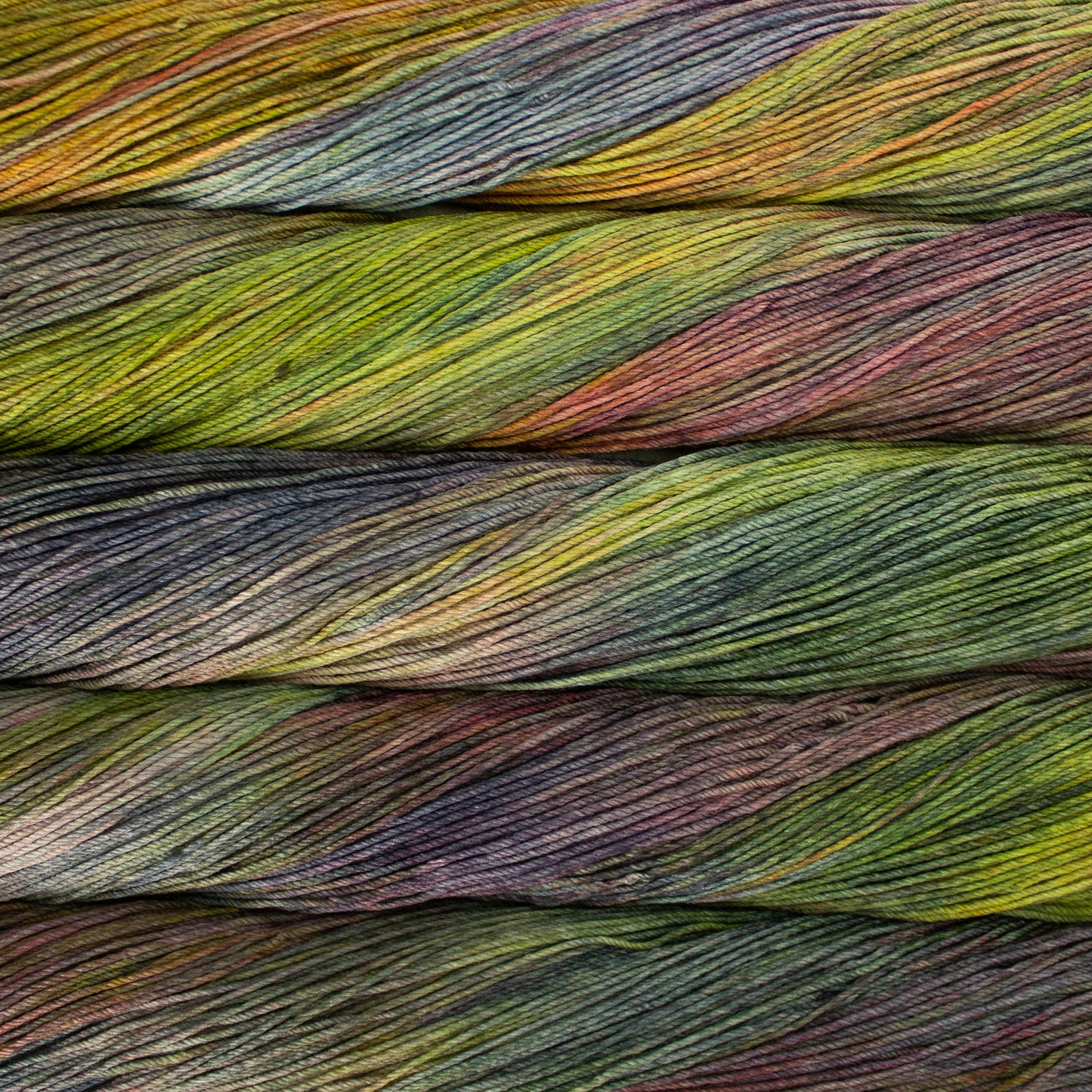Skein of variegated green, yellow, and rust Malabrigo Arroyo yarn.