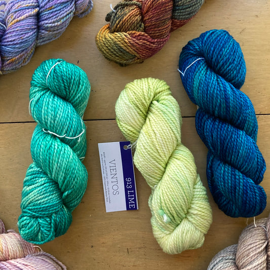 Colorful skeins of Malabrigo Vientos yarn on display at Hillsborough Yarn Shop