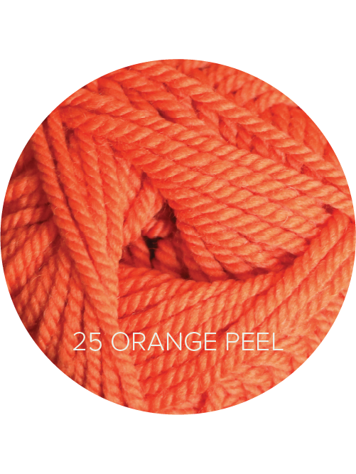 Close up on a bright orange ball of Ewe Ewe Baa Baa Bulky yarn.