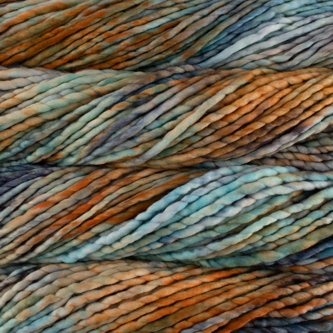 Close up on rust and blue variegated skein of Malabrigo Rasta yarn in color Amphibian.