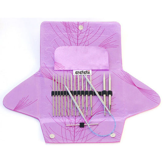 Set of Addi Click interchangeable needles in a pink case.