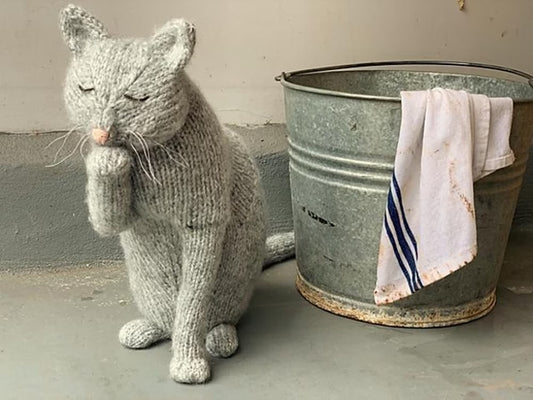 Gray handknit Scullery Cat, from Victorian Housecats to Knit, by Sara Elizabeth Kellner