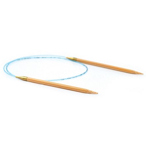 Wooden Addi Natura circular knitting needles connected by a blue cord.