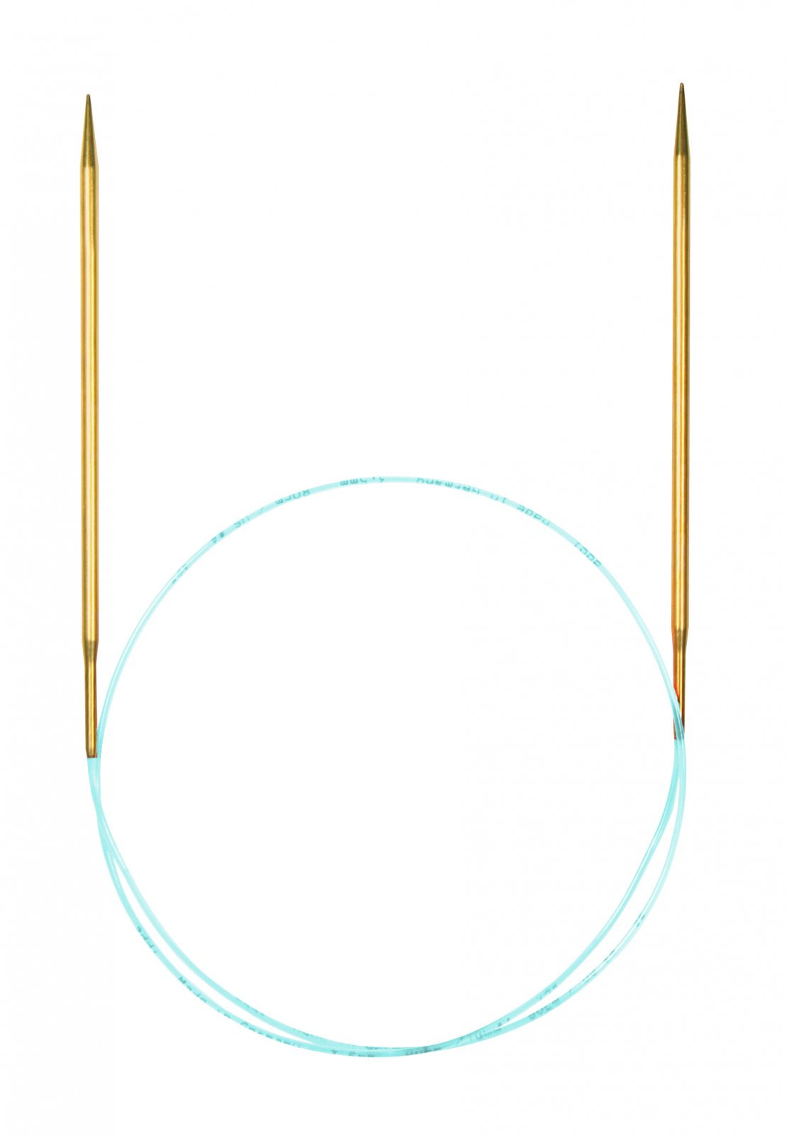 Gold circular Addi Lace knitting needles connected by a blue cord.
